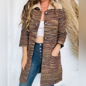 Anthropologie Knit Button Up Duster Cardigan Sweater Coat Brown Beige Size XS